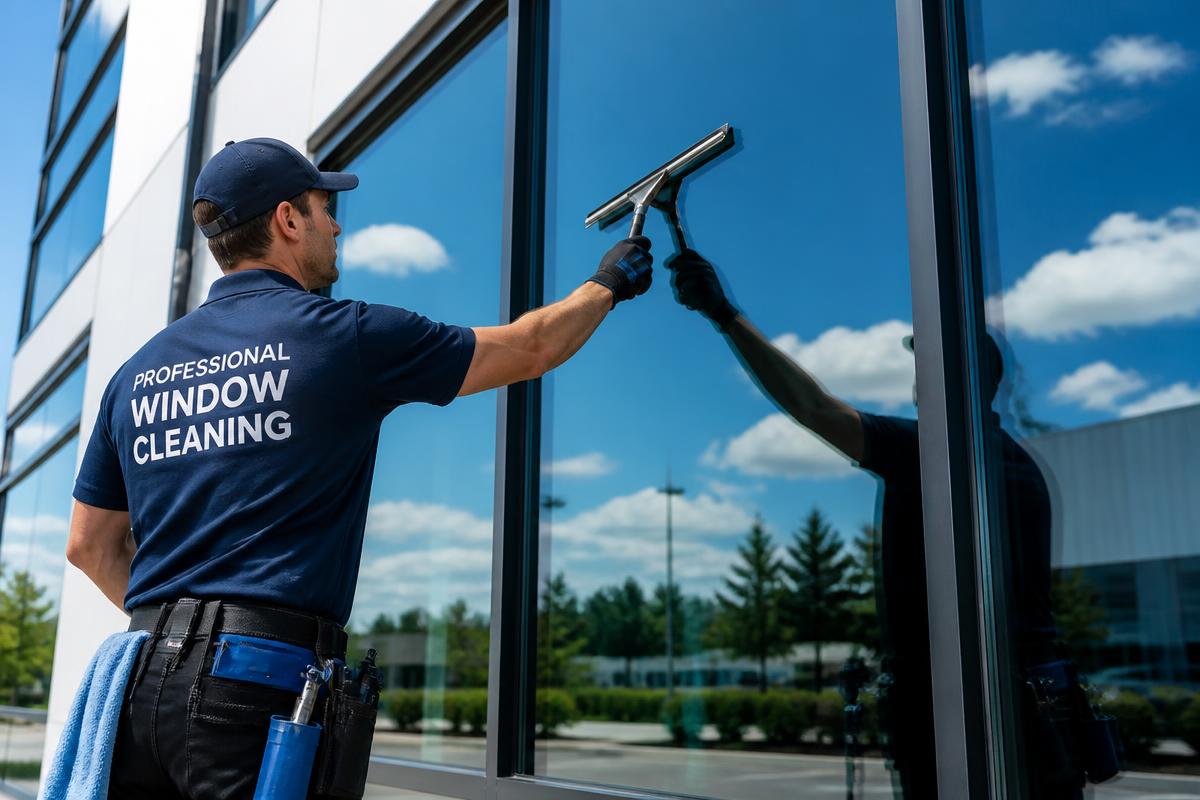 Professional technician cleaning a large commercial glass window